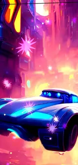 Futuristic neon car soaring through a colorful sci-fi cityscape.