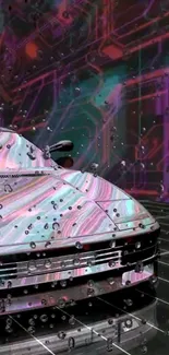 Futuristic car with neon hues and digital rain effect.