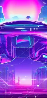 Futuristic neon cityscape with hovering car in vibrant colors.