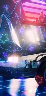 Futuristic neon car with geometric shapes and star accents.