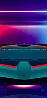 Futuristic car with neon lights background.