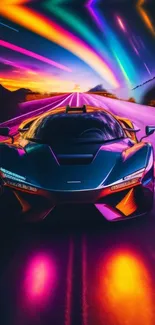 Futuristic neon car on a vibrant road.