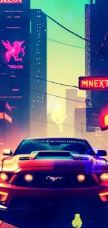 Futuristic orange car in neon cityscape wallpaper.