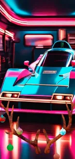 Futuristic neon car with antler ornaments in vibrant colors.