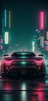 Futuristic car in neon-lit city at night.