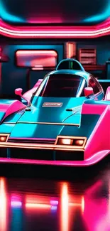 Futuristic car with neon lights in vibrant colors.