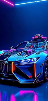 Futuristic car with neon lights in vibrant colors.