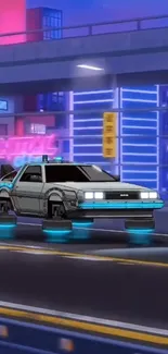 Futuristic neon car driving through a cityscape at night.