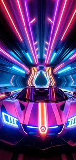 Futuristic car with neon lights in tunnel.