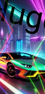 Futuristic neon sports car with a cityscape backdrop.