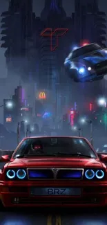 Futuristic cityscape with neon cars and lights, ideal for sci-fi wallpaper.