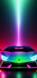 Futuristic car with neon lights on dark road, vibrant colors.