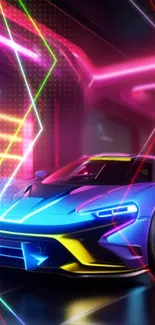 Futuristic neon sports car in vibrant electrifying lights.