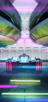 Futuristic neon-lit car in cyberpunk scene wallpaper.