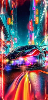 Futuristic neon sports car in a cyberpunk cityscape with vibrant lighting.