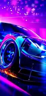 A sleek neon sports car racing in a futuristic city with vibrant colors.