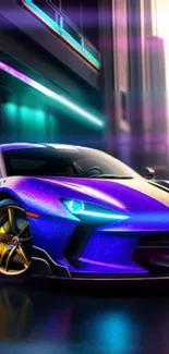 Vibrant futuristic car with neon lights in a cityscape setting.