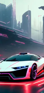 Futuristic neon car in a cyberpunk cityscape.