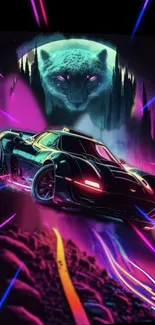 Futuristic neon sports car with mystical panther in vibrant colors.