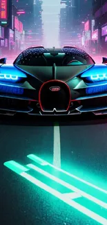 Futuristic car with neon lights in a cyberpunk cityscape wallpaper.