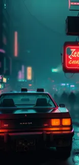 Night cityscape with neon lights and a retro car in cyberpunk style.