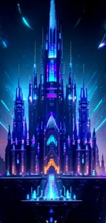 Futuristic neon castle with blue lighting.