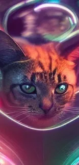 Futuristic neon wallpaper with a cat in colorful abstract art.