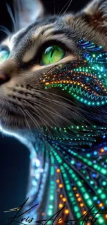 Futuristic neon cat with glowing patterns and vibrant green eyes.