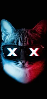 Futuristic cat with neon glasses on black background.