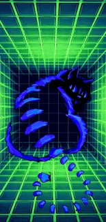 Futuristic neon blue cat in a green grid pattern.