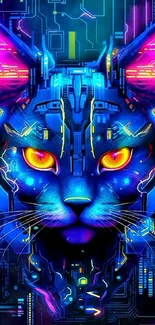 Futuristic neon tech cat with glowing eyes.