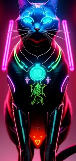 Futuristic neon cat with glowing elements and vibrant colors on a dark background.