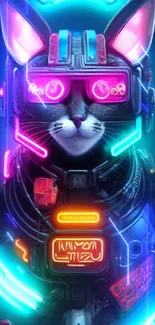 Futuristic neon cat with glowing elements in vibrant colors.