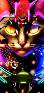 Futuristic neon cat with cosmic elements and vibrant colors.