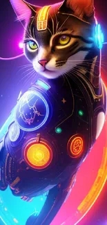 Futuristic neon cat with vibrant colors and glowing elements.