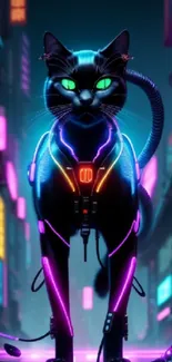 Cyber cat in neon city with glowing lights on a futuristic night scene.