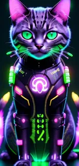 Futuristic cyber cat with neon lights on black background.