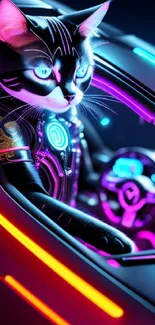 Futuristic cat driving a neon-lit car, vibrant digital art.