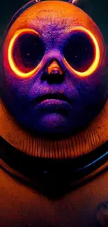 Futuristic character with neon glowing eyes and vibrant purple tones.