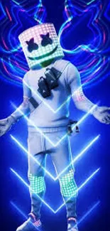 Futuristic neon character with vibrant blue lights and dynamic effects.