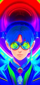 Neon-colored futuristic character with goggles on vibrant background.