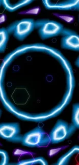 Futuristic neon circle pattern with glowing blue elements on dark background.