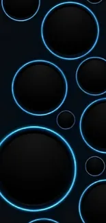 Mobile wallpaper with glowing blue neon circles on a dark background.