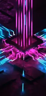 Futuristic neon circuit art in pink and blue tones.