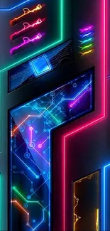 Futuristic neon circuit design with vibrant colors and modern layout.