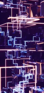 Futuristic neon circuit pathway with glowing geometric patterns.