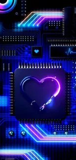 Neon circuit wallpaper with a glowing blue heart design.