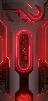 Futuristic neon circuit board wallpaper with red glow.