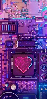 Neon heart circuitry in a futuristic tech design, vibrant colors.