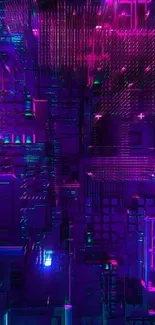 A futuristic neon circuit design with vibrant purple and blue hues.